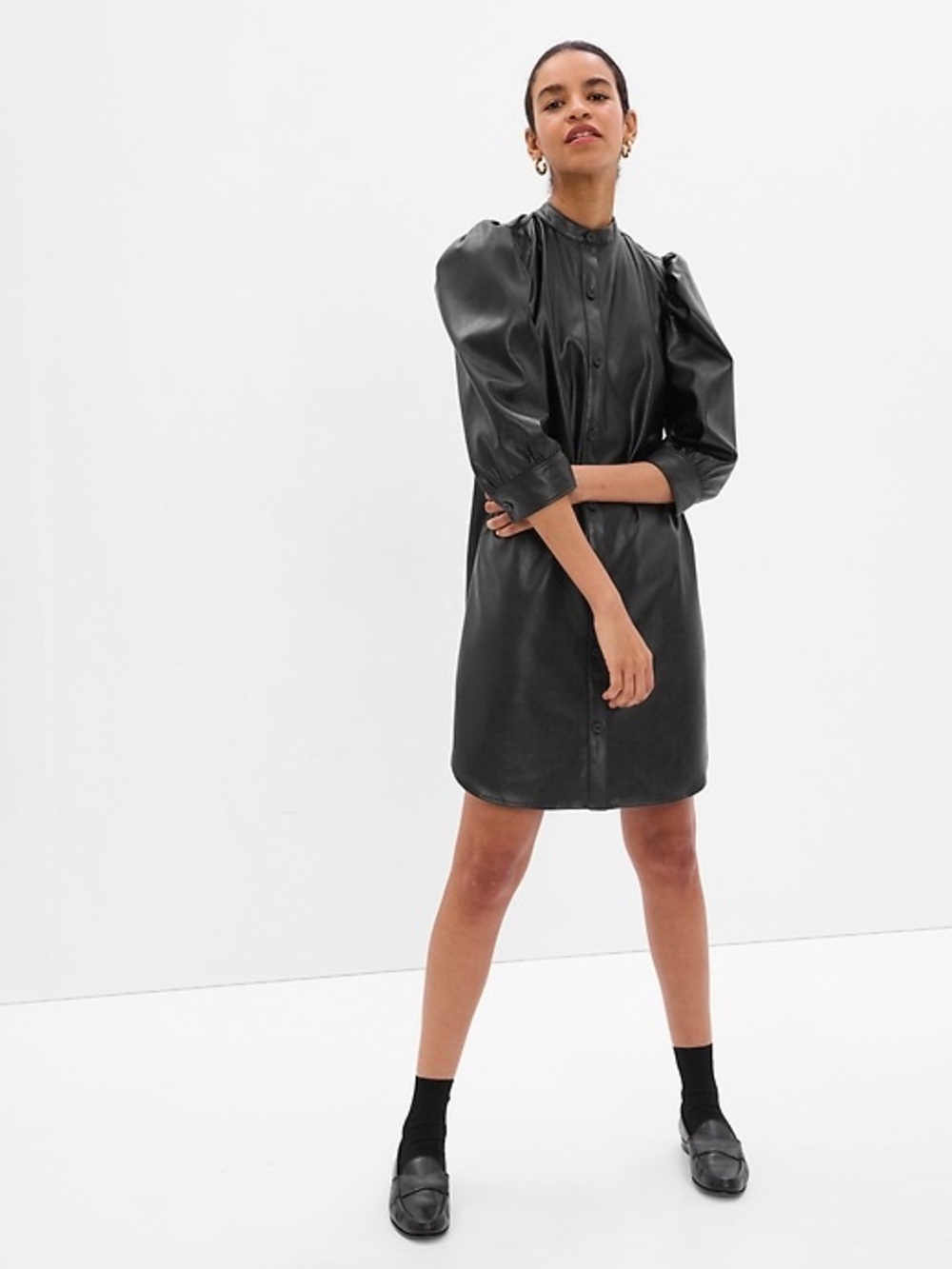 GAP Black Faux Leather Puff-Sleeve Mini Dress